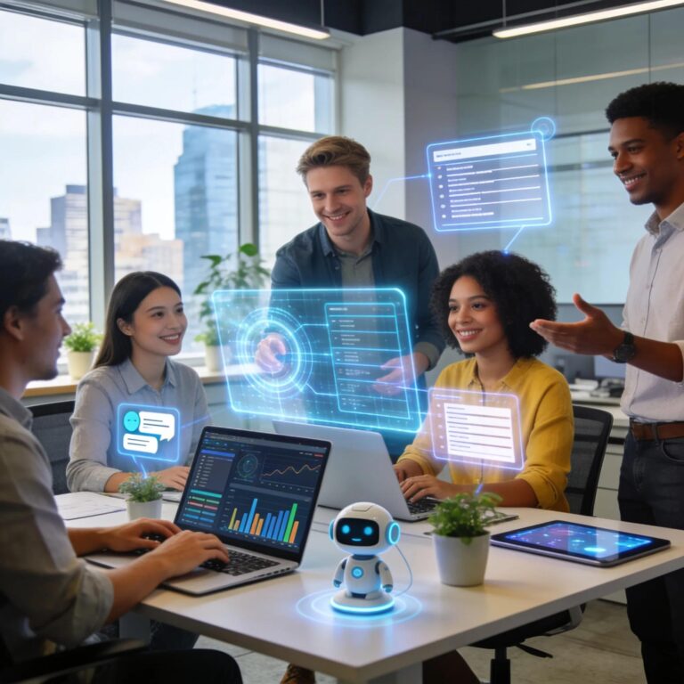 Modern office with professionals using AI technology for workflow automation, highlighting productivity and collaboration
