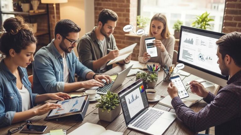 Group of small business owners using digital devices for marketing strategies